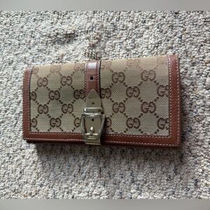 Gucci Tan and Brown Monogram Buckle Wallet